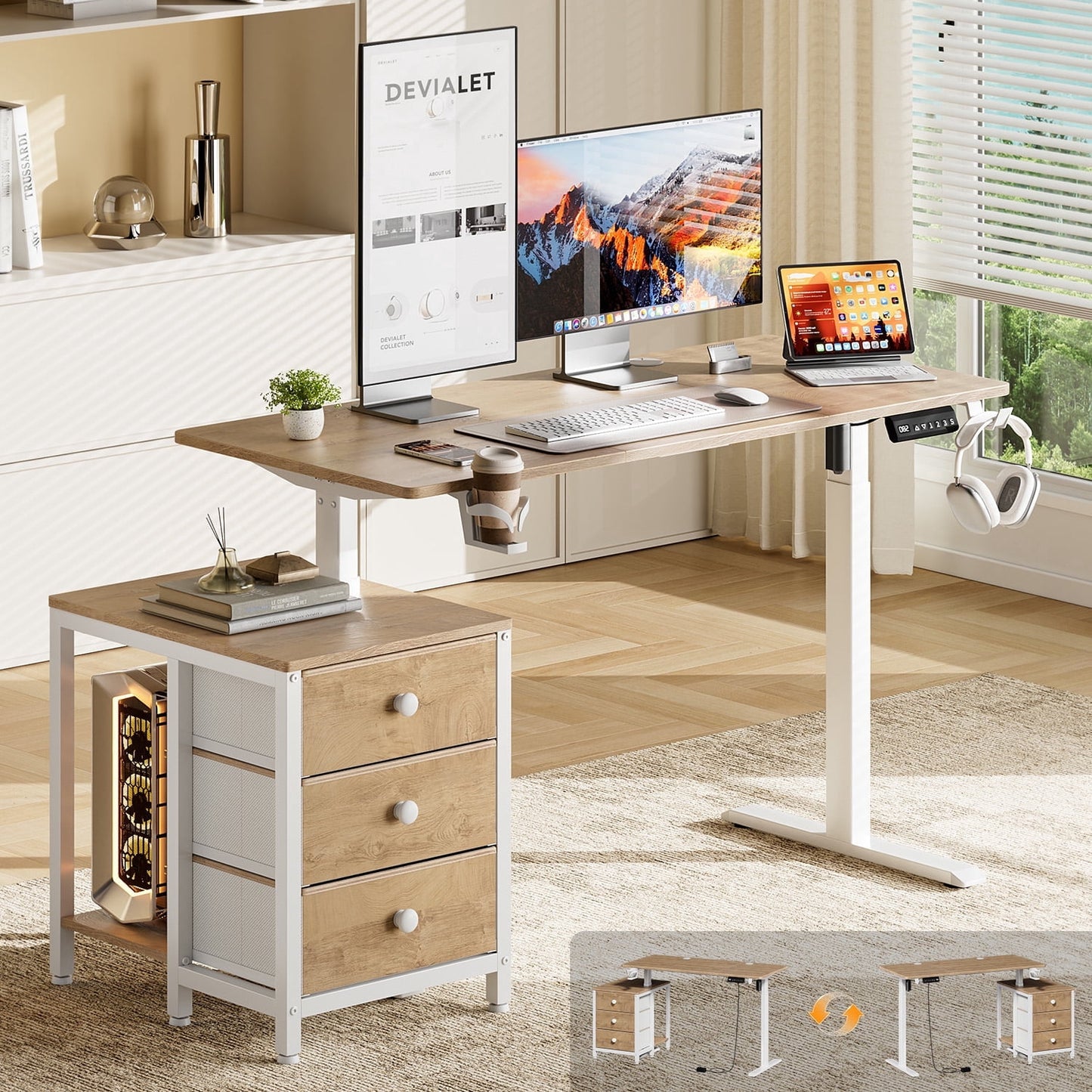GUNAITO 47.2" Electric Standing Desk with 3-Drawer Cabinet, Adjustable Height Desk with Memory Panel, Office & Gaming Desk£¬Nutural