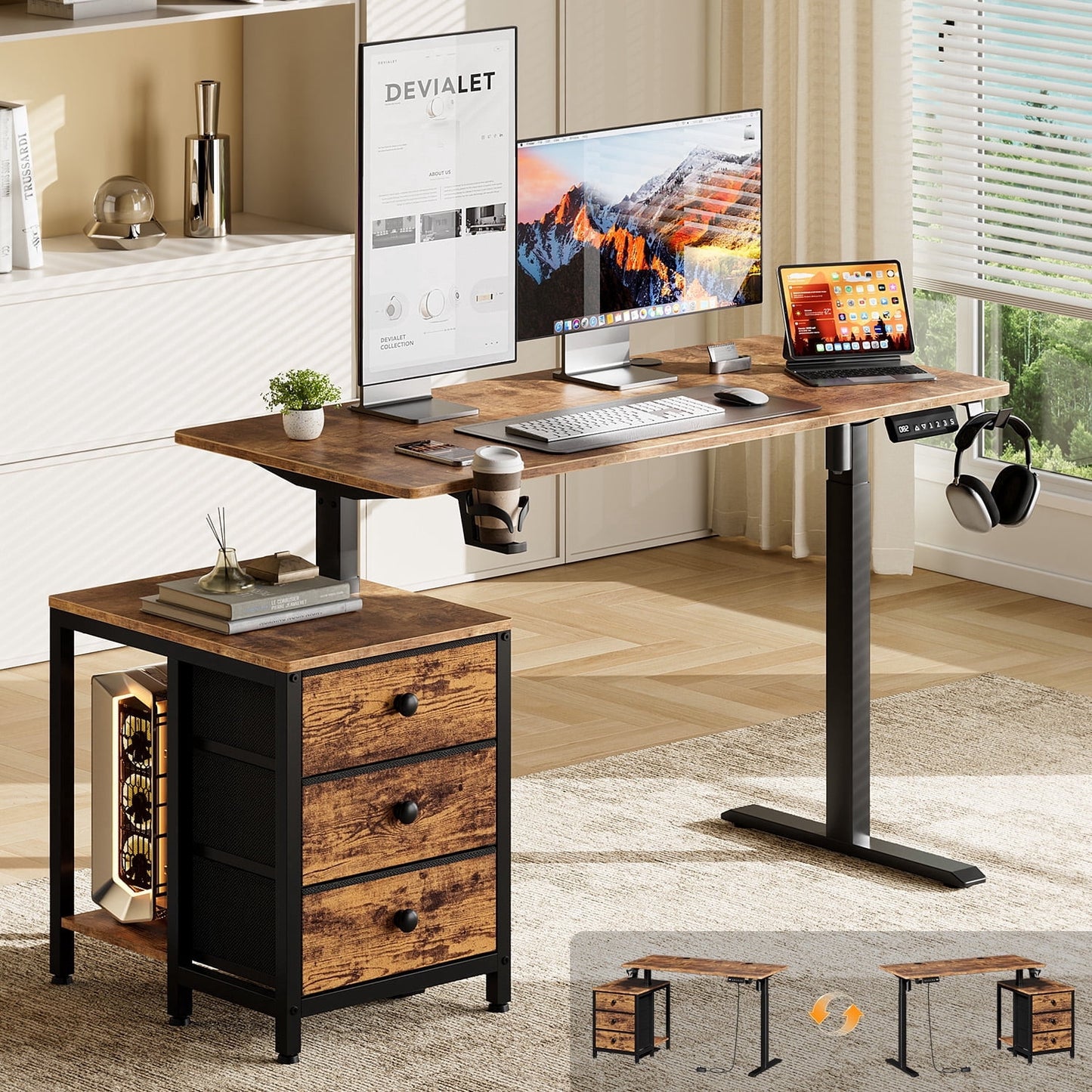 GUNAITO 47.2" Electric Standing Desk with 3-Drawer Cabinet, Adjustable Height Desk with Memory Panel, Office & Gaming Desk£¬Rustic Brown