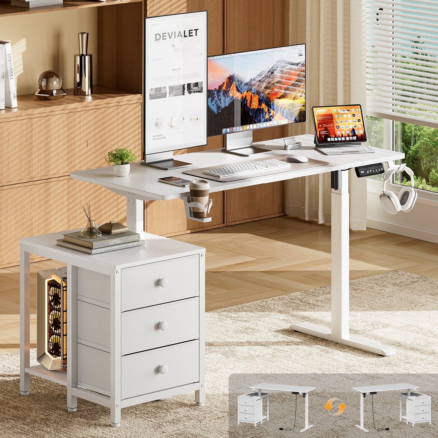 GUNAITO 47.2" Electric Standing Desk with 3-Drawer Cabinet, Adjustable Height Desk with Memory Panel, Office & Gaming Desk£¬White