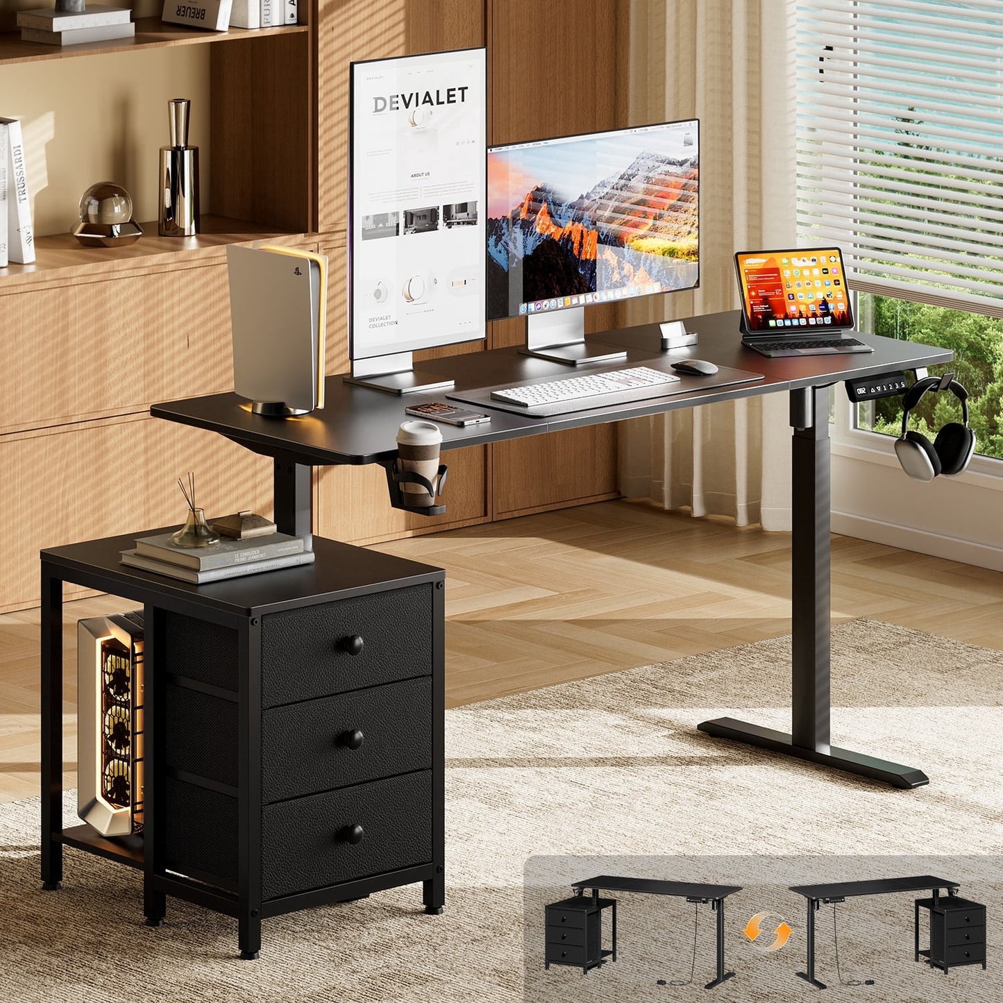 GUNAITO 55.1" Electric Standing Desk with 3-Drawer Cabinet, Adjustable Height Desk with Memory Panel, Office & Gaming Desk£¬Black