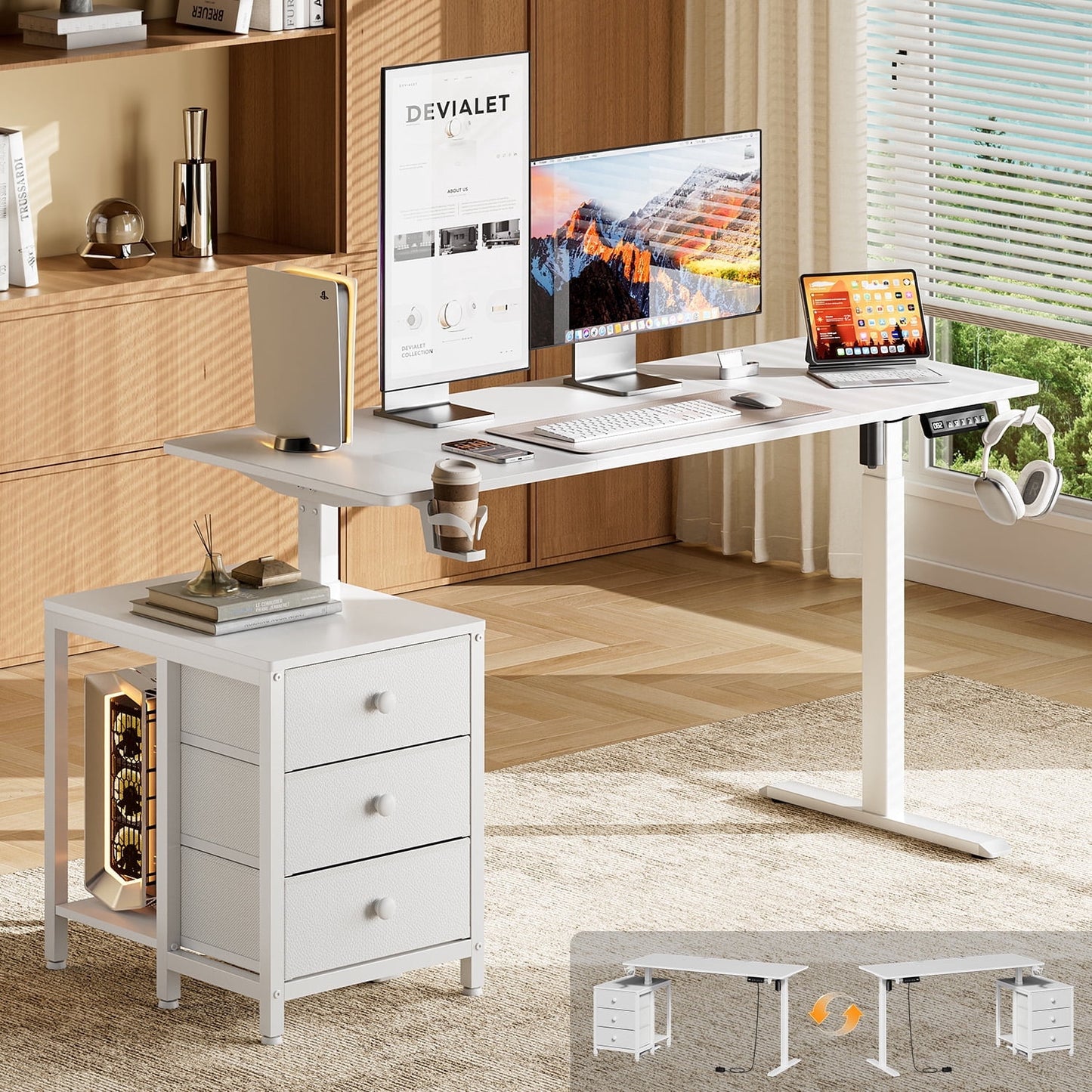 GUNAITO 55.1" Electric Standing Desk with 3-Drawer Cabinet, Adjustable Height Desk with Memory Panel, Office & Gaming Desk£¬White