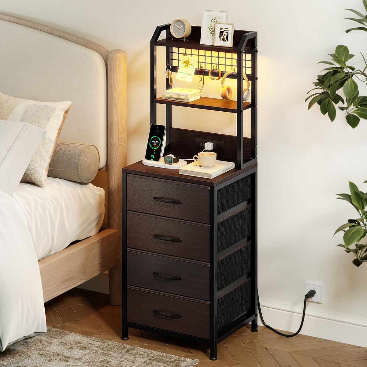 GUNAITO Nightstand with Charging Station & LED Light, 4 Fabric Drawers & 3 Shelves Bedside Table, Modern End Table for Bedroom,Brown