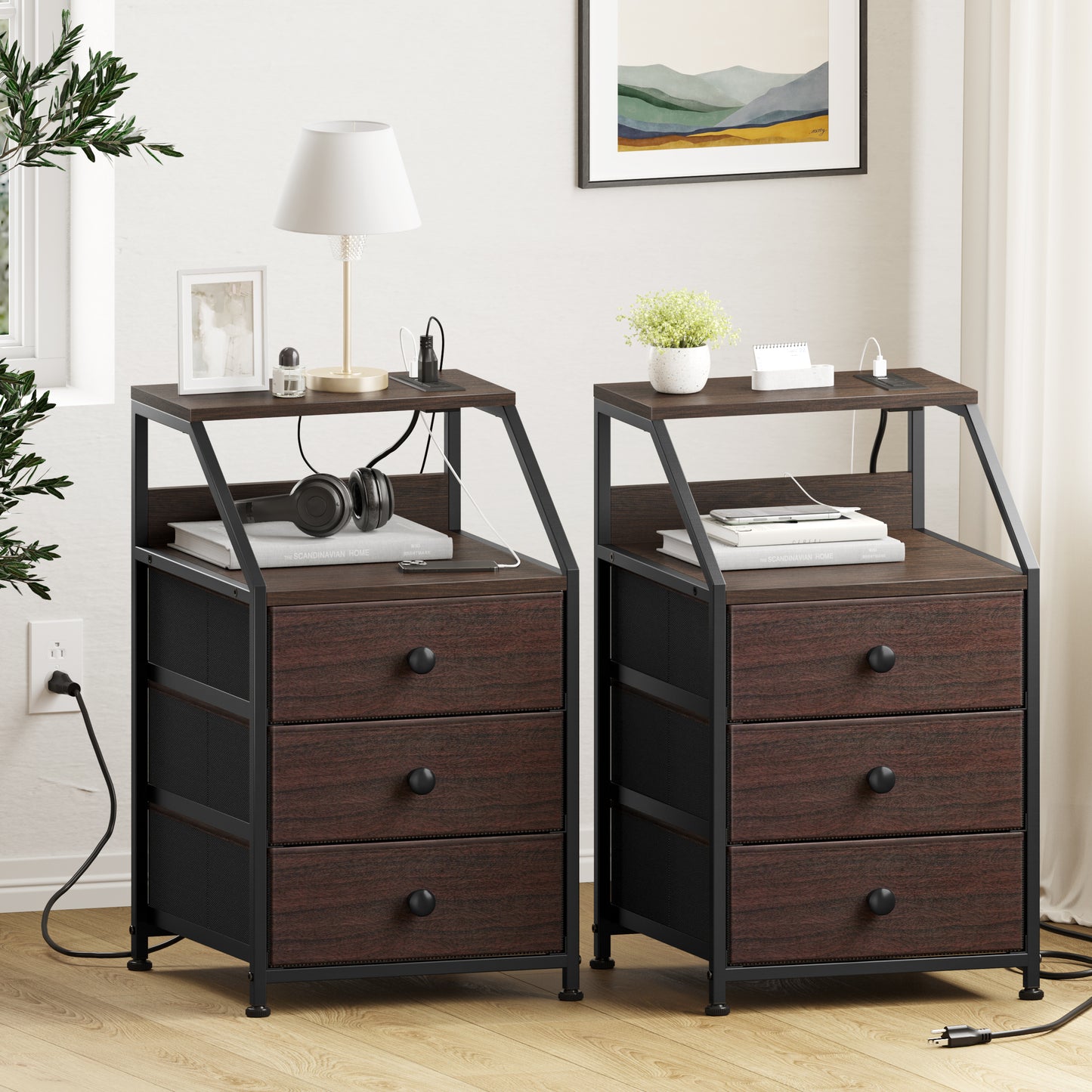 GUNAITO Nightstand with Charing Station & USB Ports End Table Set of 2 Modern End Table for Bedroom Living Room Brown 2pcs