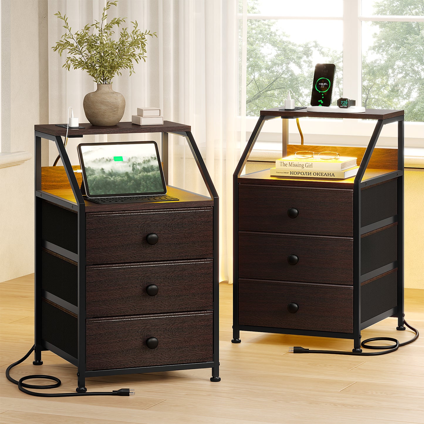 GUNAITO Nightstand Set of 2 with Charging Station Side Table with 3 Drawers End Table with Open Shelf Bedside Table with USB Ports and Outlets Nightstand for Bedroom,Brown