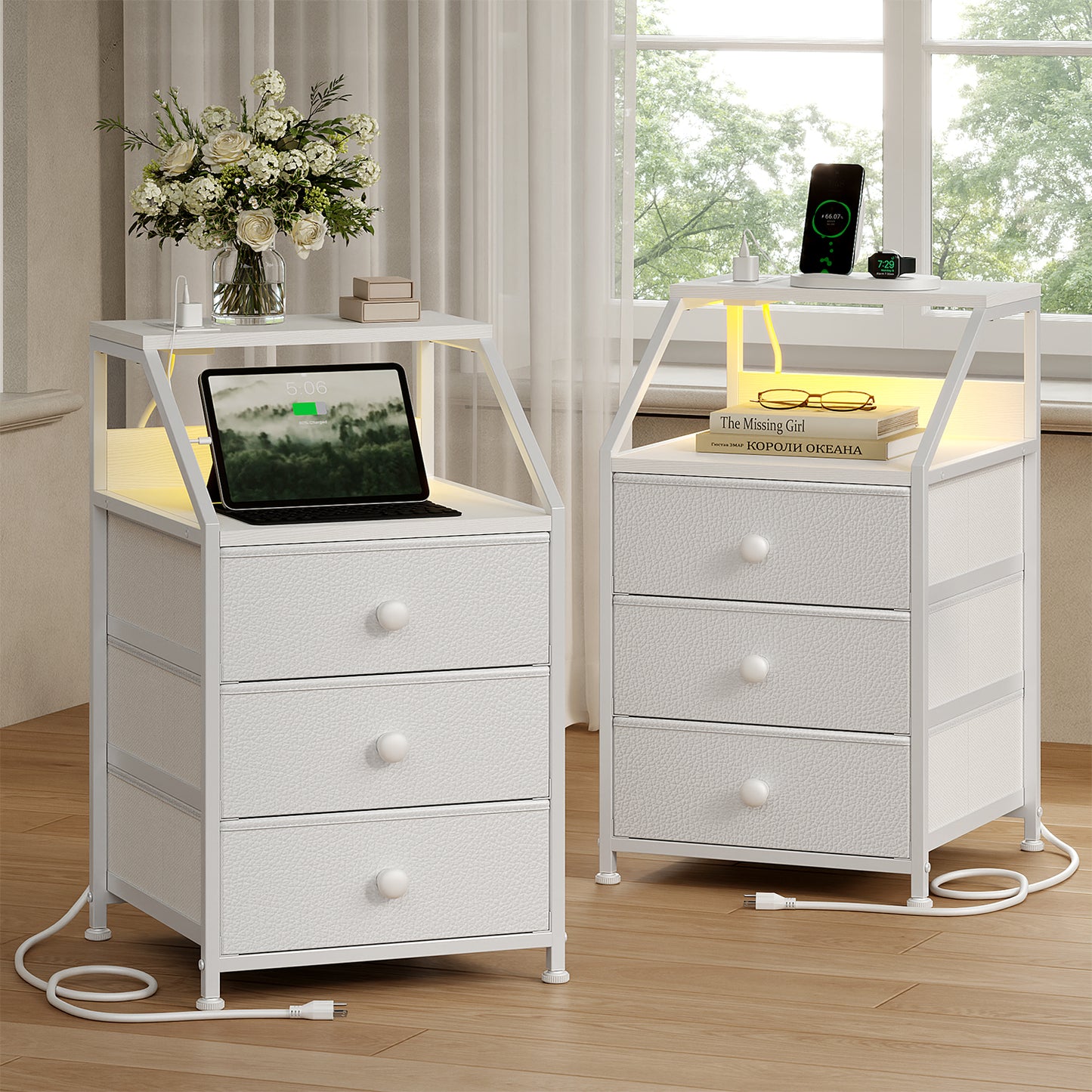 GUNAITO Nightstand Set of 2 with Charging Station Side Table with 3 Drawers End Table with Open Shelf Bedside Table with USB Ports and Outlets Nightstand for Bedroom,White