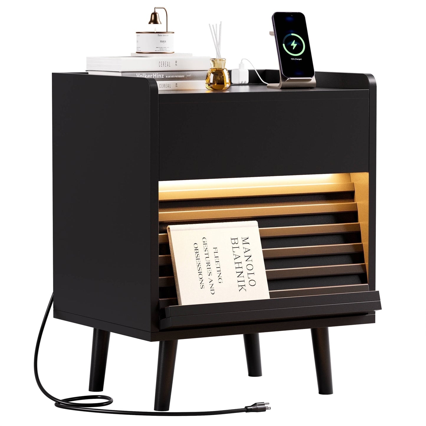 GUNAITO Nightstand with Charging Station Bedside Table with LED Light Wood Nightstand with Drawers End Table for Small Space Black 1pc