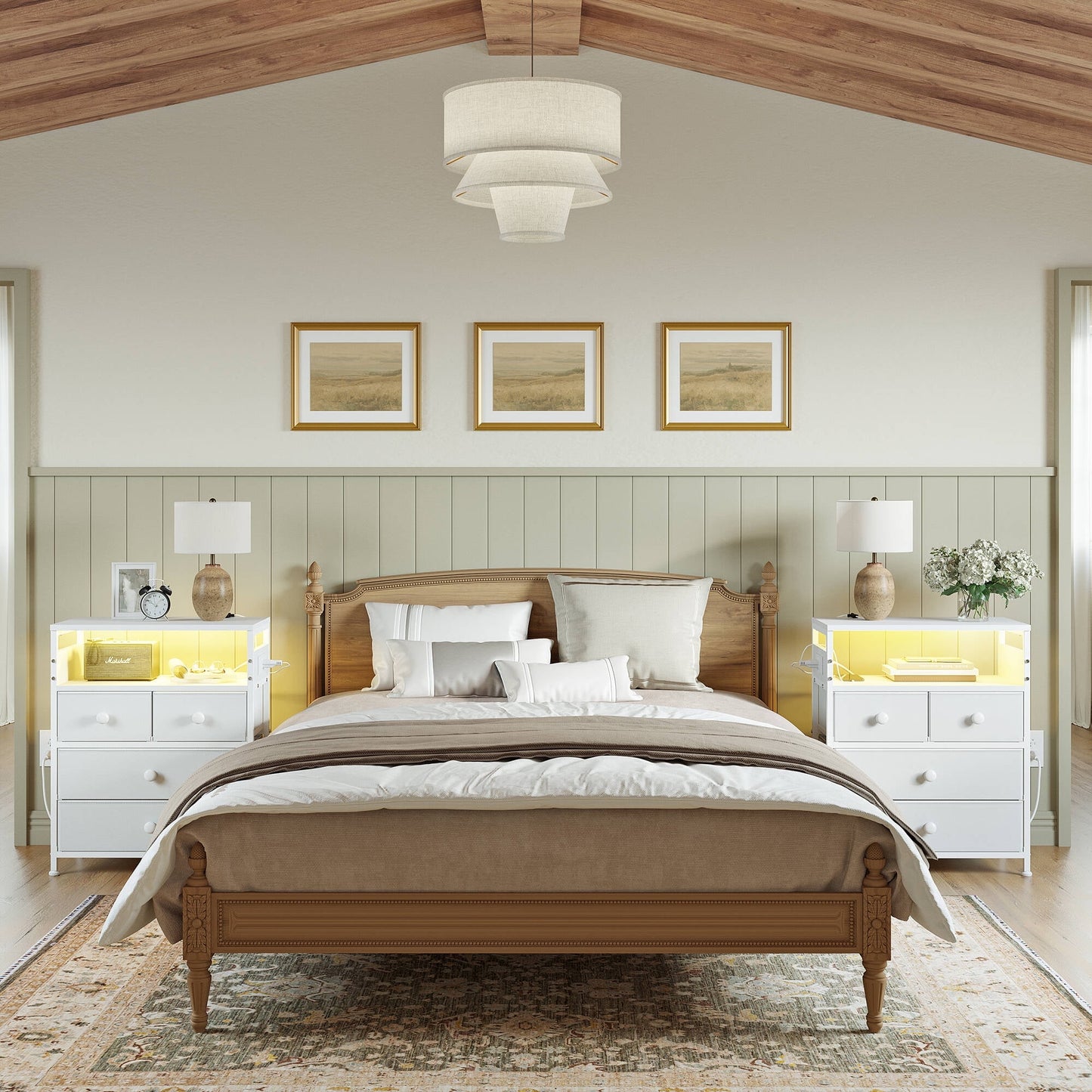 GUNAITO Led Nightstand Set of 2 with 4 Drawers Bedside Table with Charging Station Wide End Table with Storage Shelf for Living Room,White