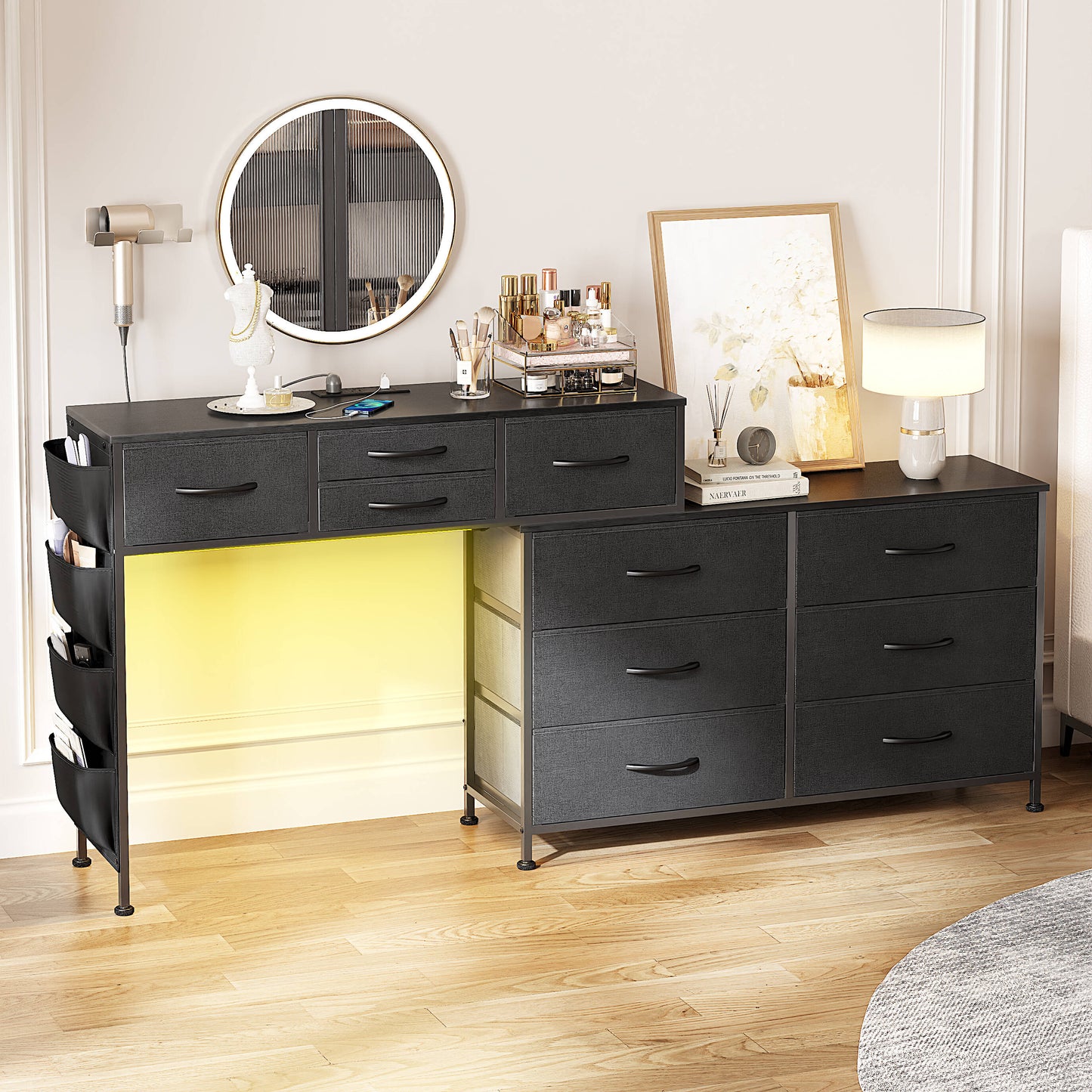 GUNAITO Dresser with Charging Station and LED Light Makeup Vanity with Fabric drawers Makeup Table with Side Pockets Corner Rotatable Vanity Desk for Bedroom Black gray