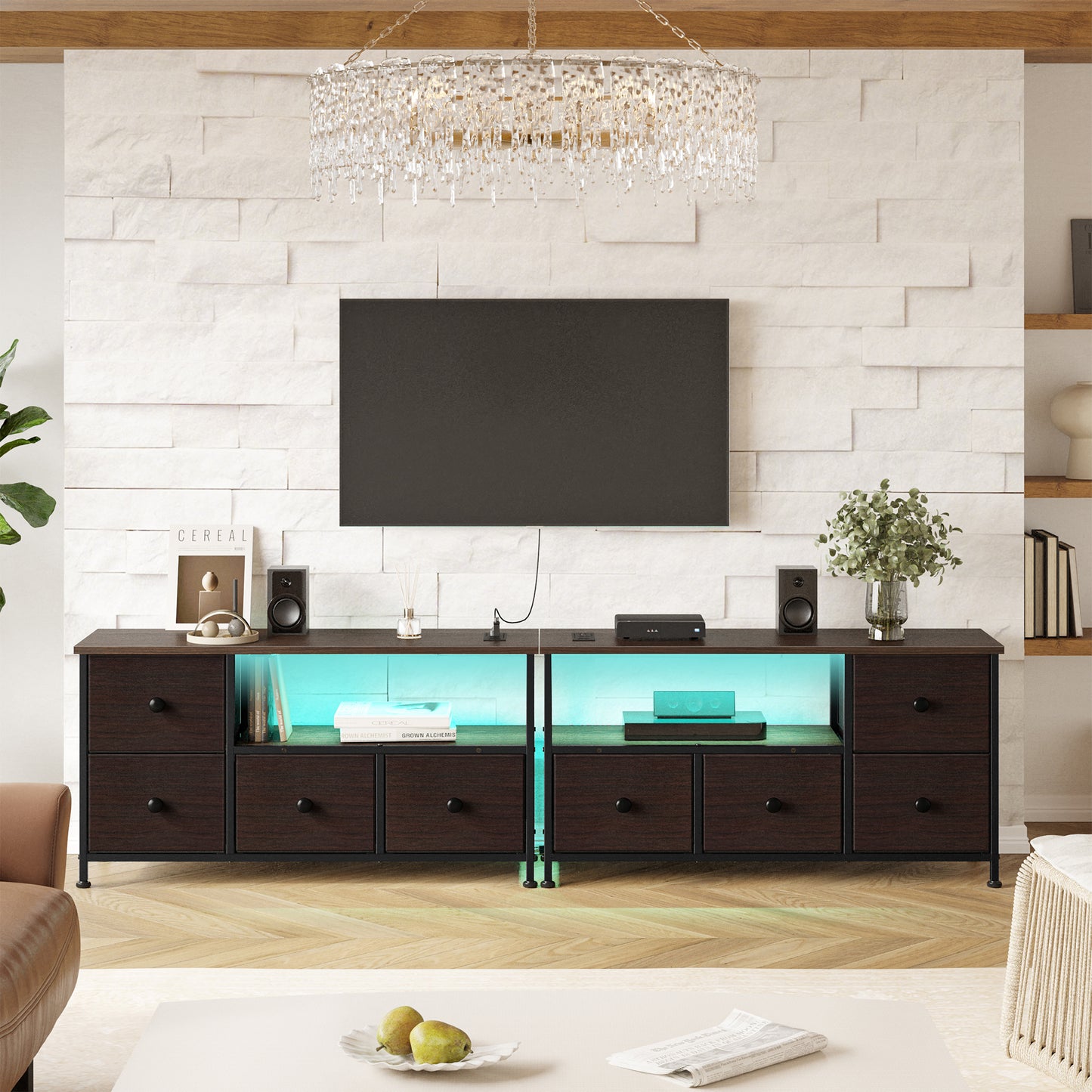 GUNAITO TV Stand for 45 inch with LED Light Power Outlet TV Cabinet Fabric Large Drawers Dark Brown