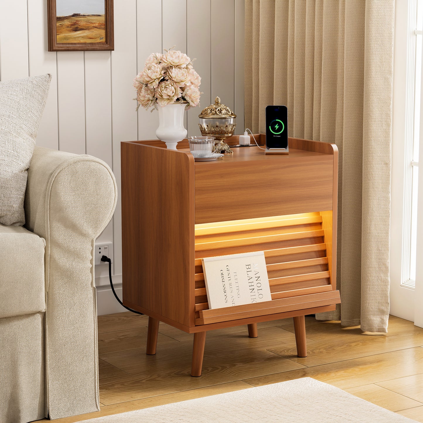 GUNAITO Nightstand with Charging Station Bedside Table with LED Light Wood Nightstand with Wave Texture Drawers End Table with USB Ports and Outlets for Small Space Caramel 1pc