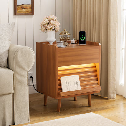 GUNAITO Nightstand with Charging Station Bedside Table with LED Light Wood Nightstand with Wave Texture Drawers End Table with USB Ports and Outlets for Small Space Caramel 1pc