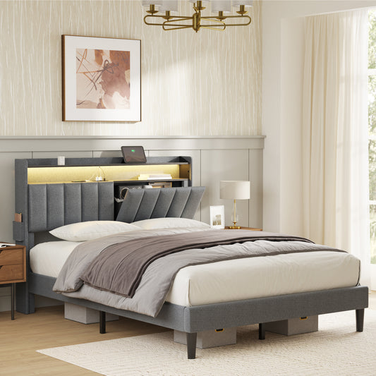 GUNAITO Queen Bed Frame with Storage Headboard Platform Bed Frame with LED Lights and USB Ports & Outlets Grey