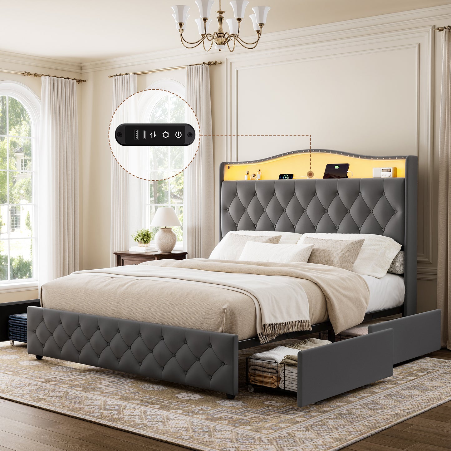 GUNAITO Full Size Upholstered Platform Bed Frame with 4 Storage Drawers, Button Tufted Velvet Bed, LED Lights & USB Charging Ports, Noise‑Free Metal Frame with Headboard, No Box Spring Needed, Grey