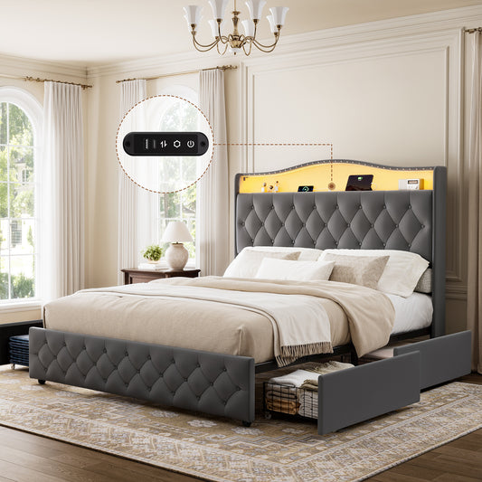 GUNAITO Full Size Upholstered Platform Bed Frame with 4 Storage Drawers, Button Tufted Velvet Bed, LED Lights & USB Charging Ports, Noise‑Free Metal Frame with Headboard, No Box Spring Needed, Grey