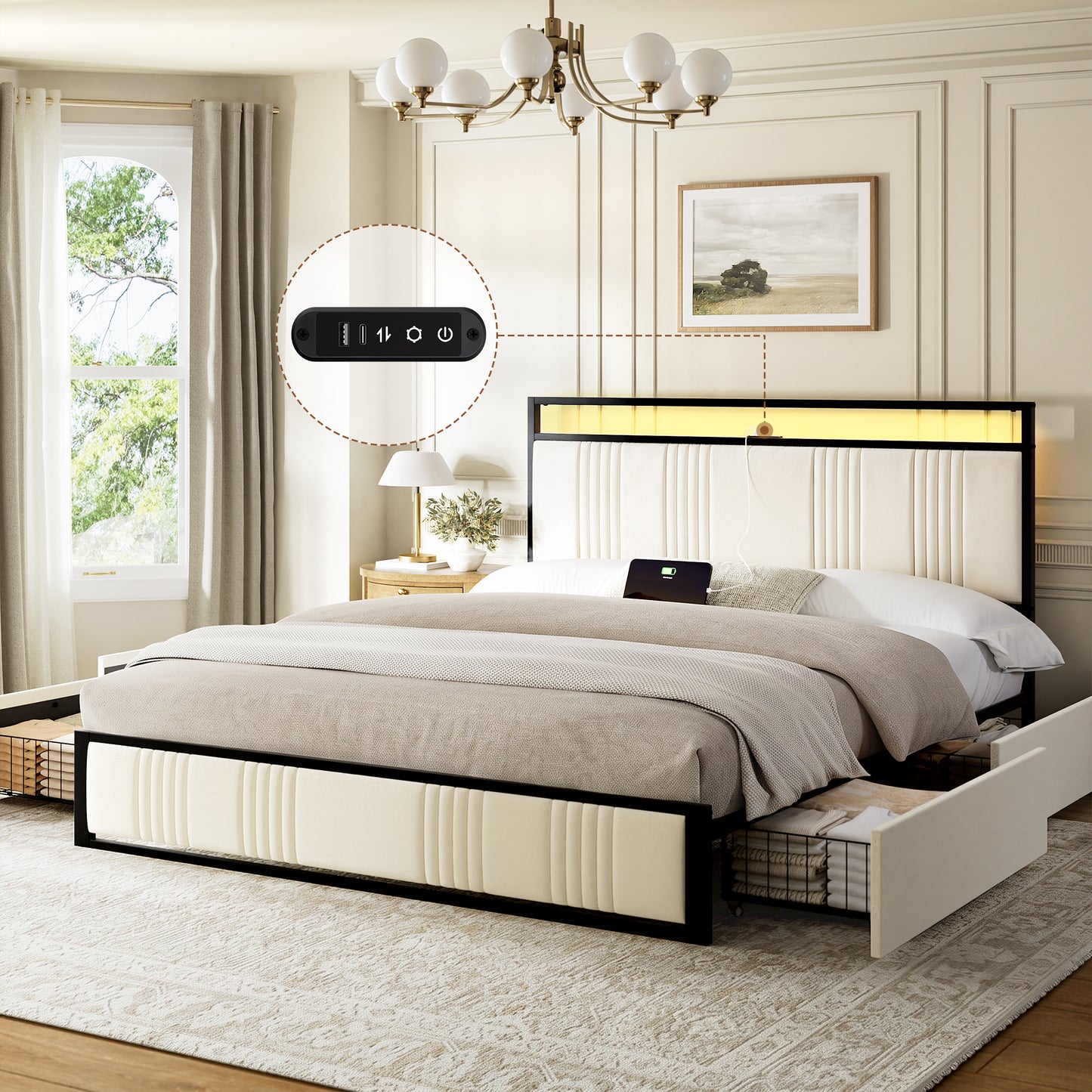 GUNAITO Queen Bed Frame with Headboard, Platform Bed with 4 Drawers, Velvet Upholstered Bed Frame with LED Lights & Charging station, Beige