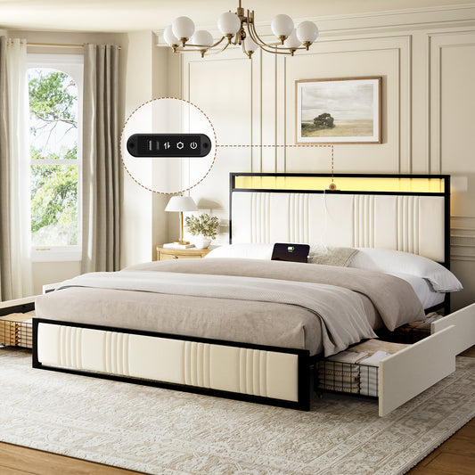 GUNAITO Queen Bed Frame with Headboard, Platform Bed with 4 Drawers, Velvet Upholstered Bed Frame with LED Lights & Charging station, Beige