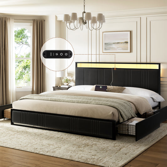 GUNAITO King Bed Frame with Headboard, Platform Bed with 4 Drawers, Velvet Upholstered Bed Frame with LED Lights & Charging station, Black