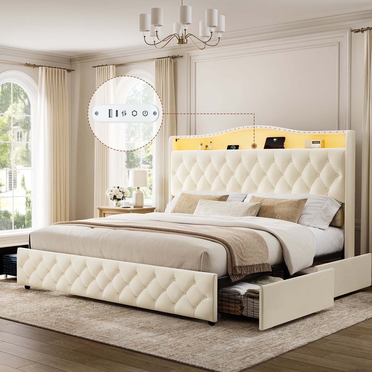 GUNAITO King Size Upholstered Platform Bed Frame, Button Tufted Velvet Bed with 4 Storage Drawers, LED Lights & USB Charging Ports, Noise‑Free Metal Frame with Headboard, No Box Spring Needed, Beige