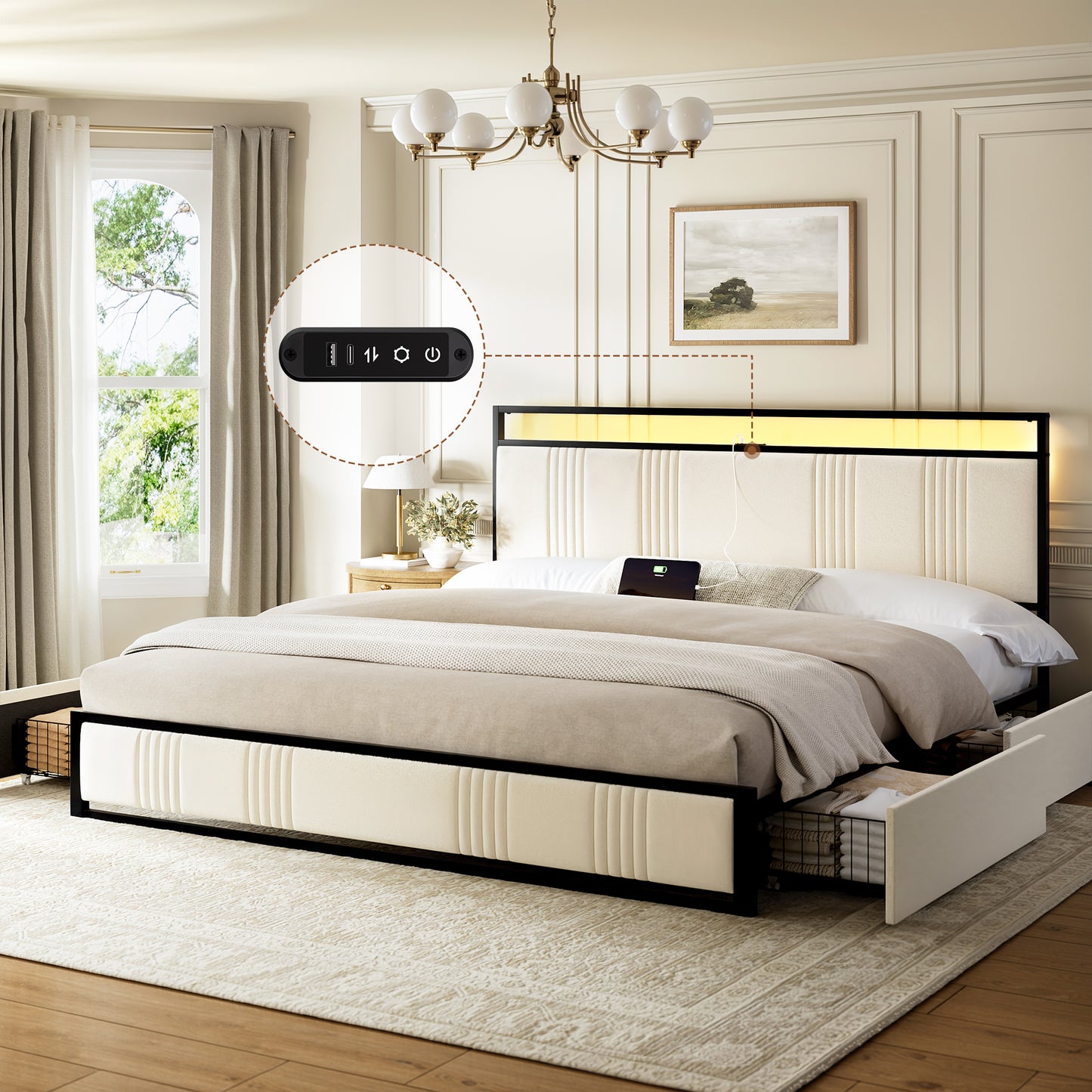 GUNAITO King Bed Frame with Headboard, Platform Bed with 4 Drawers, Velvet Upholstered Bed Frame with LED Lights & Charging station, Beige