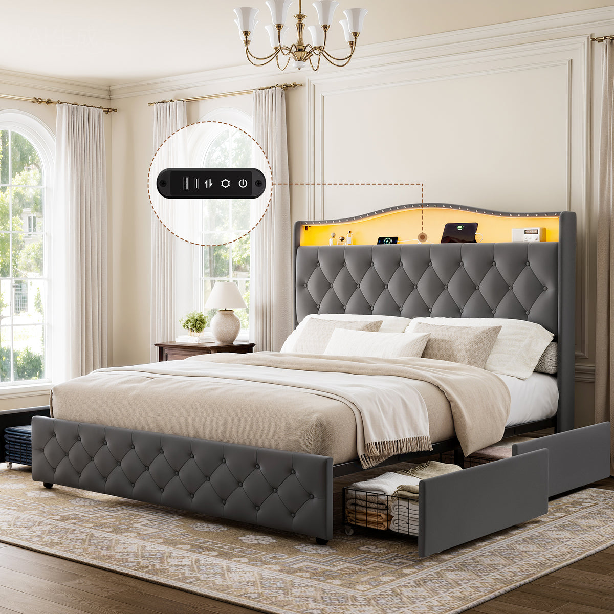 GUNAITO Queen Size Upholstered Platform Bed Frame with 4 Storage Drawers, Button Tufted Velvet Bed, LED Lights & USB Charging Ports, Noise‑Free Metal Frame with Headboard, No Box Spring Needed, Grey