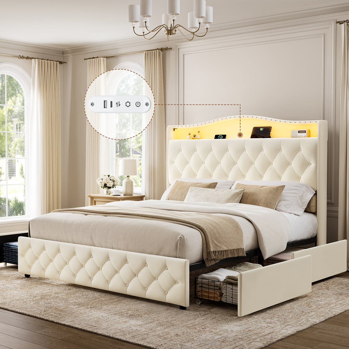 GUNAITO Queen Size Upholstered Platform Bed Frame, Button Tufted Velvet Bed with 4 Storage Drawers, LED Lights & USB Charging Ports, Noise‑Free Metal Frame with Headboard, No Box Spring Needed, Beige