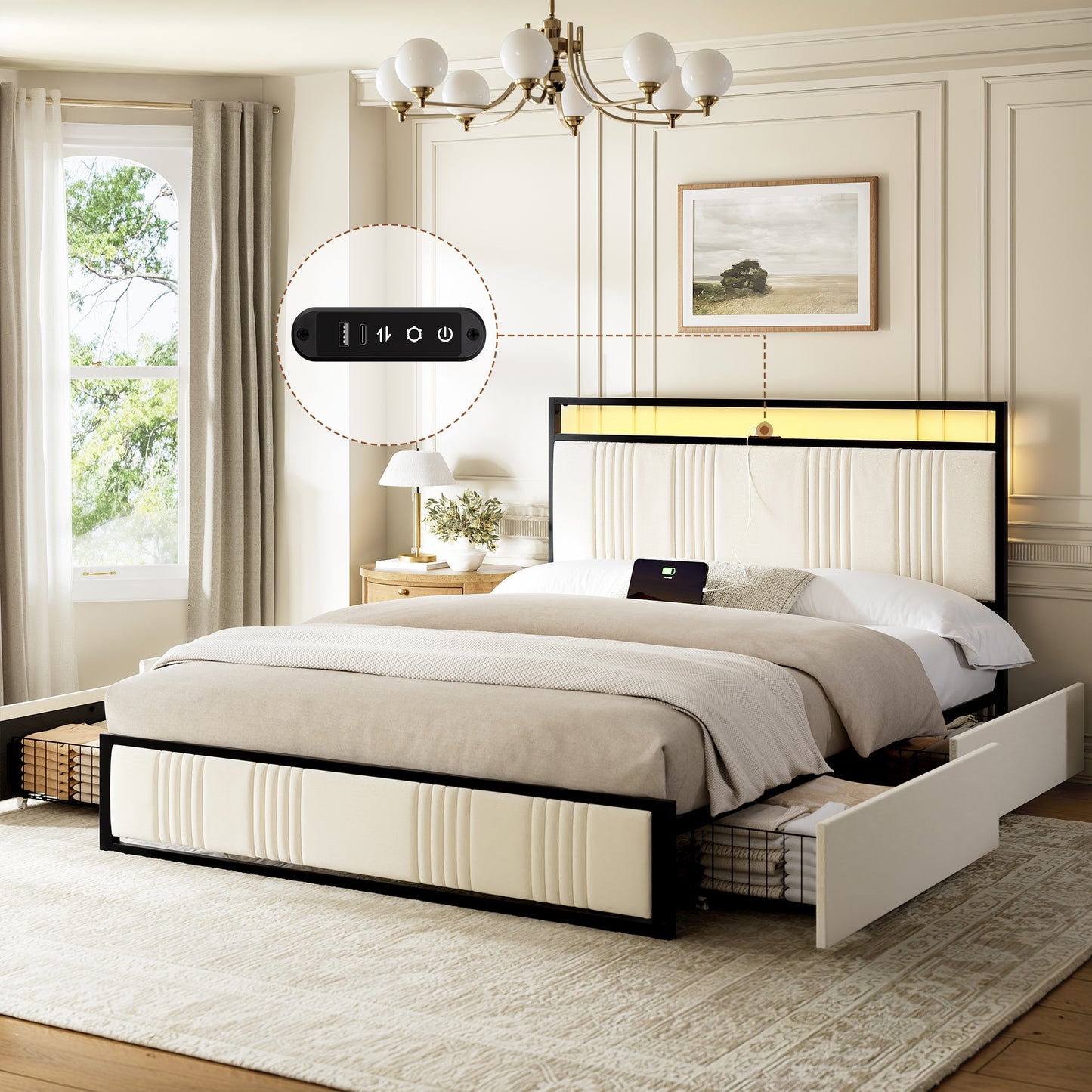 GUNAITO Full Bed Frame with Headboard, Platform Bed with 4 Drawers, Velvet Upholstered Bed Frame with LED Lights & Charging station, Beige