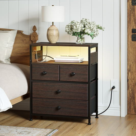 GUNAITO Nightstand with Charging Station Bedside Table with 4 Drawers End table with Storage Shelf for Living Room Brown