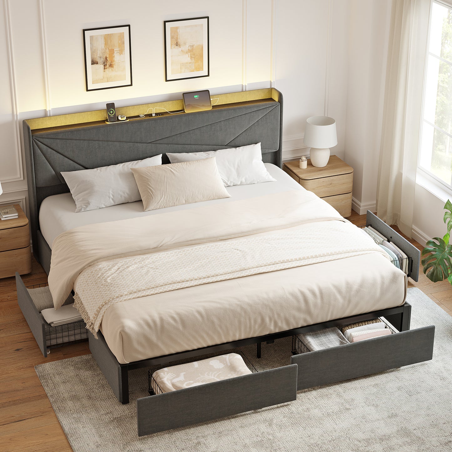 GUNAITO King Size Bed Frame with 4 Storage Drawers, Velvet Upholstered LED Bed with USB Ports, Modern Wingback Headboard Bed with Bedside Storage Board, Dark Gray