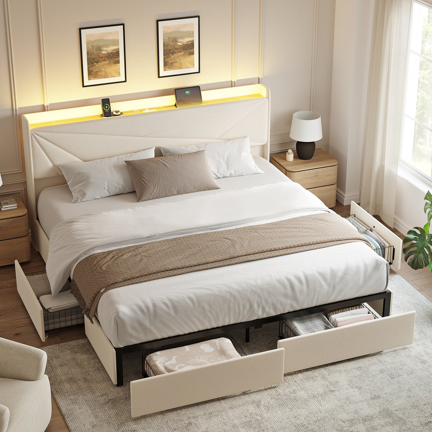 GUNAITO King Size Bed Frame with 4 Storage Drawers, Velvet Upholstered LED Bed with USB Ports, Modern Wingback Headboard Bed with Bedside Storage Board, Beige