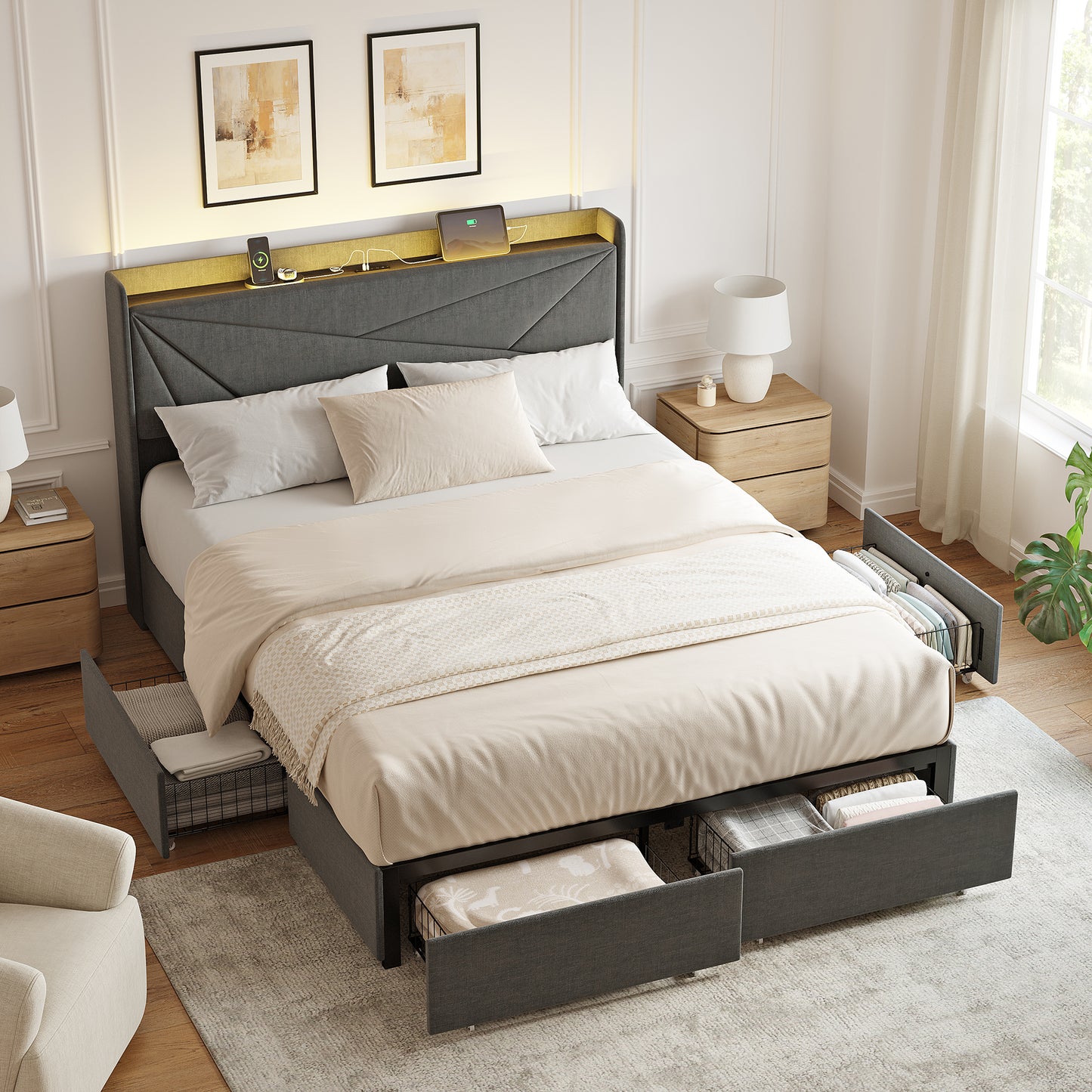 GUNAITO Full Size Bed Frame with 4 Storage Drawers, Velvet Upholstered LED Bed with USB Ports, Modern Wingback Headboard Bed with Bedside Storage Board, Dark Gray