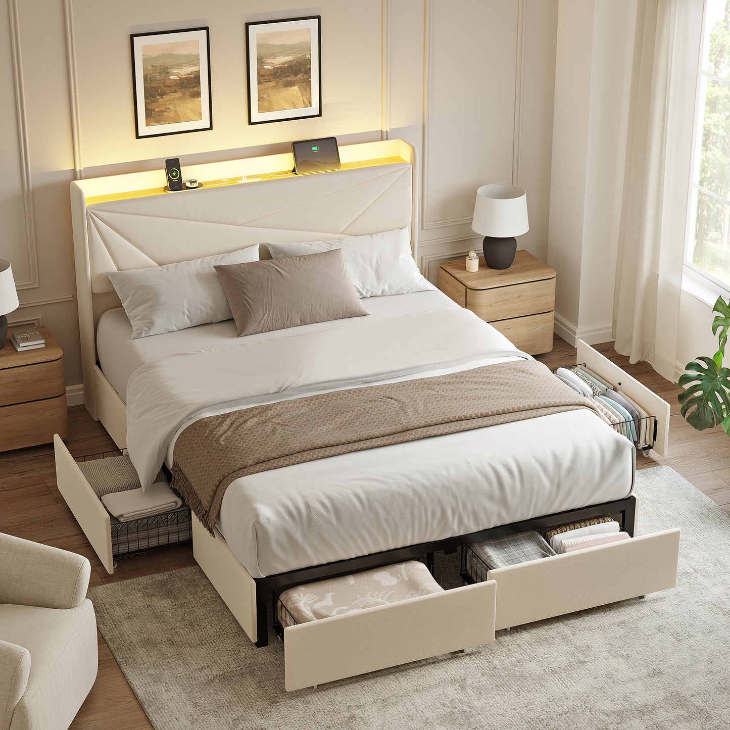 GUNAITO Full Size Bed Frame with 4 Storage Drawers, Velvet Upholstered LED Bed with USB Ports, Modern Wingback Headboard Bed with Bedside Storage Board, Beige