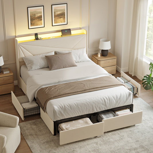 GUNAITO Queen Size Bed Frame with 4 Storage Drawers, Velvet Upholstered LED Bed with USB Ports, Modern Wingback Headboard Bed with Bedside Storage Board, Beige