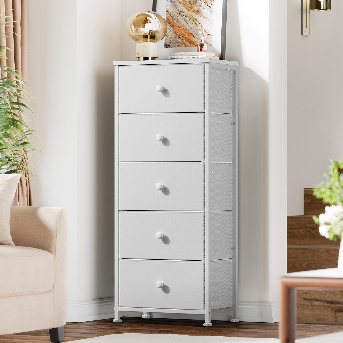 GUNAITO 5 Drawer Dresser for Bedroom Vertical Chest Sturdy Steel Frame Tall Dresser Wooden Top Fabric Bins White