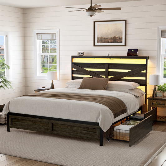 GUNAITO Queen Bed Frame with Storage Headboard, 4 Drawers Platform LED Bed Frame with USB Ports & Outlets, Dark Gray