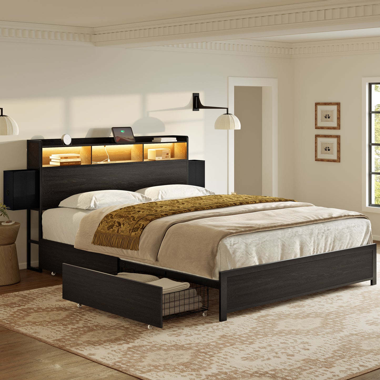 GUNAITO Queen Bed Frame with 2 Drawers Headboard Platform Bed Frame with LED Lights Charging Station Black