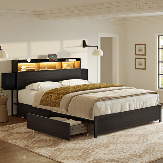 GUNAITO Queen Bed Frame with 2 Drawers Headboard Platform Bed Frame with LED Lights Charging Station Black