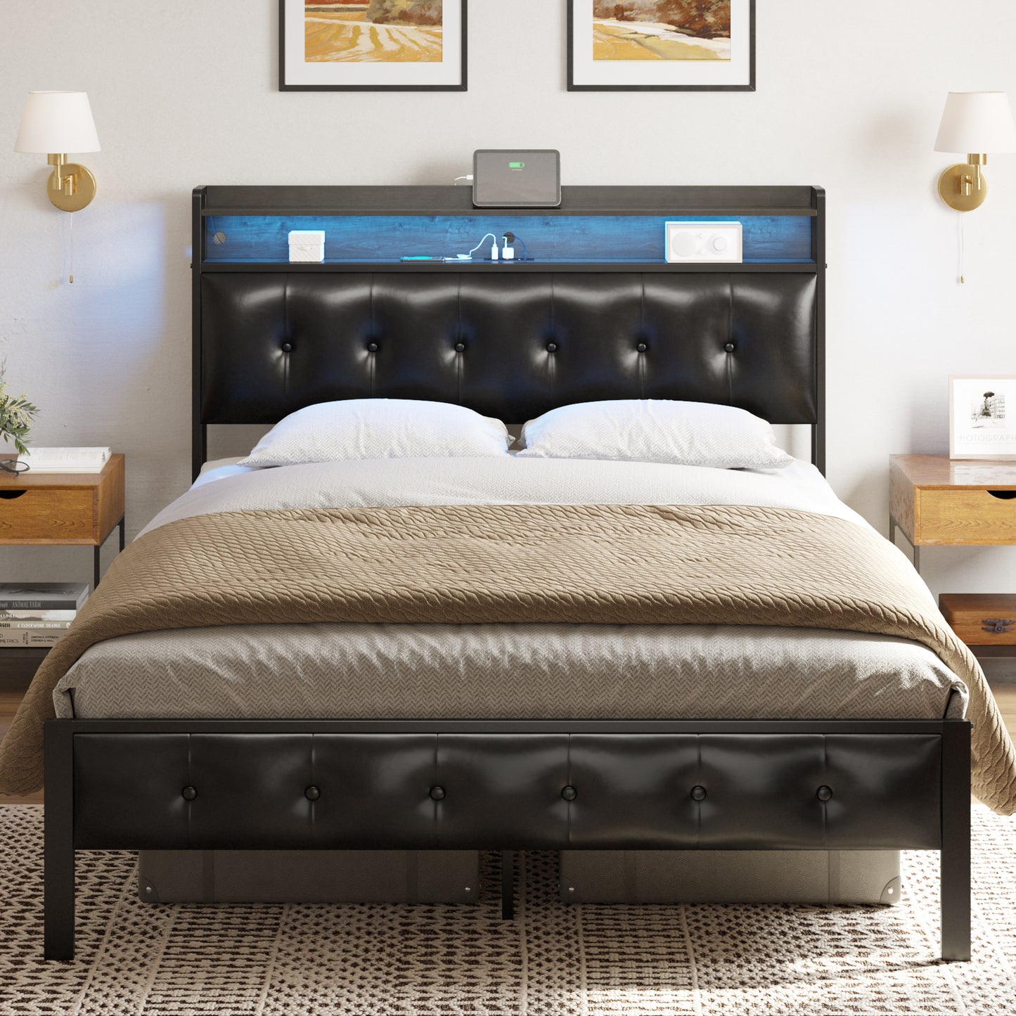 GUNAITO King Bed Frame with Storage Headboard Upholstered Platform Bed with LED Lights USB Ports & Outlets Black