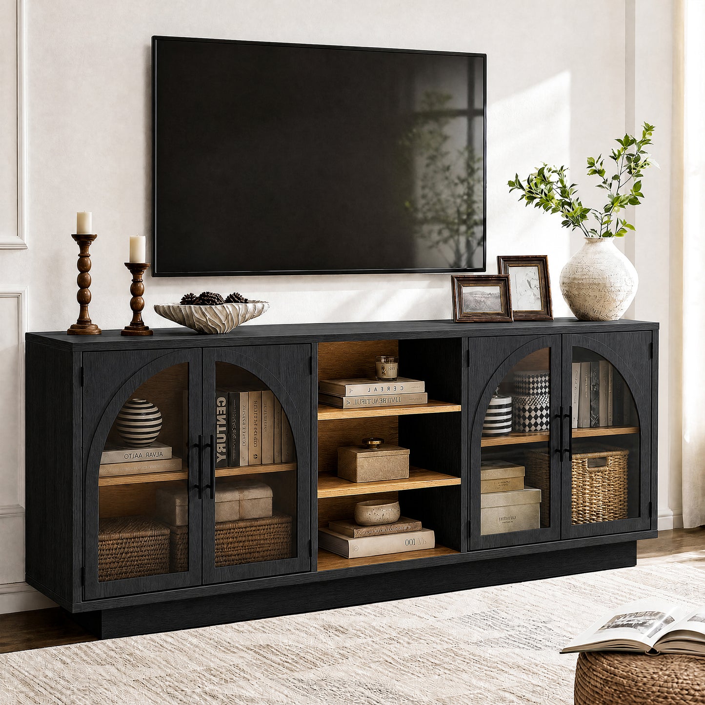GUNAITO TV Stand for TVs up to 70", Modern entertainment center with storage functionality, Glass Door TV Stand for living room, Black