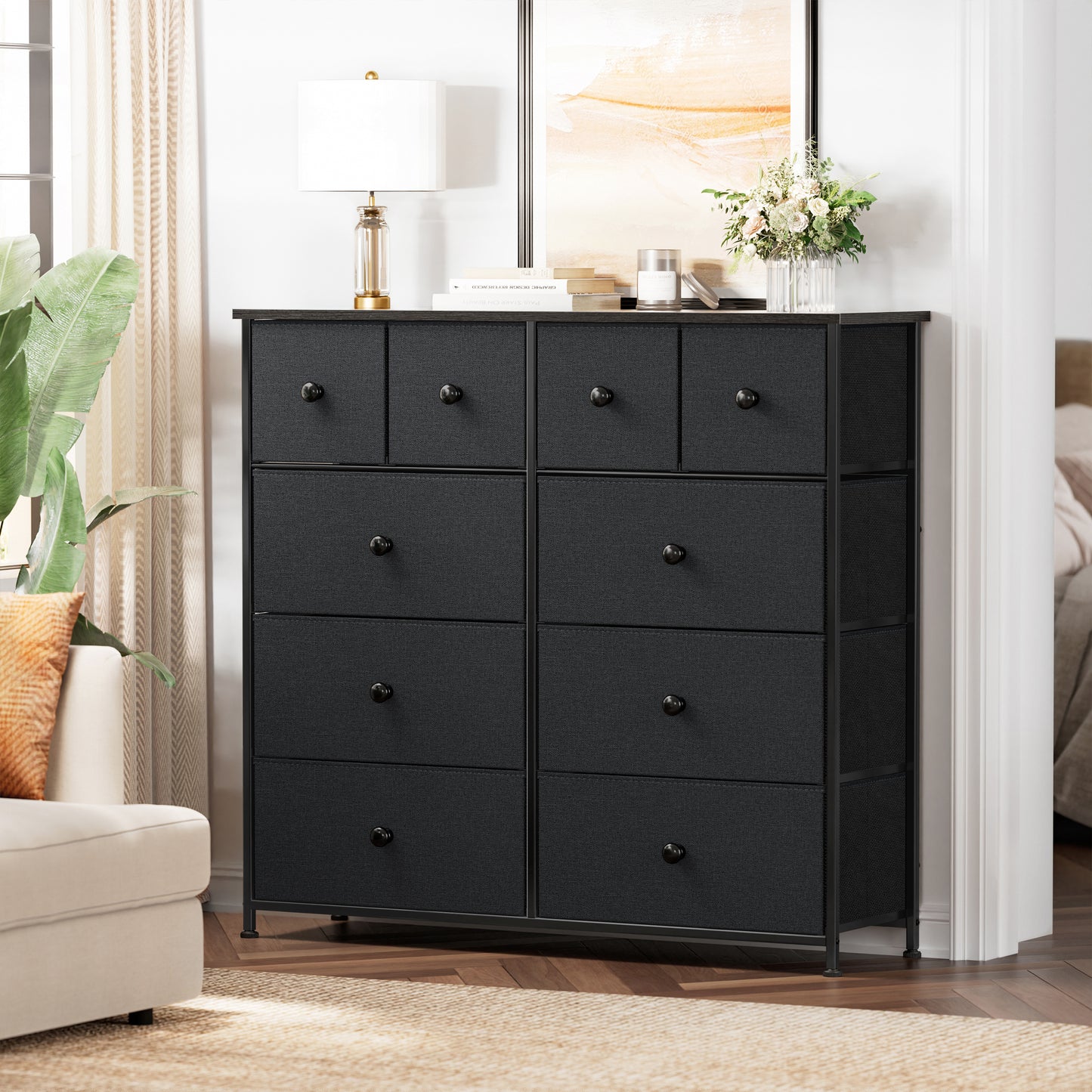 GUNAITO 10 Drawer Dresser for Bedroom Fabric Storage Tower Black Dresser with Wood Top Sturdy Steel Frame Storage Organizer Unit