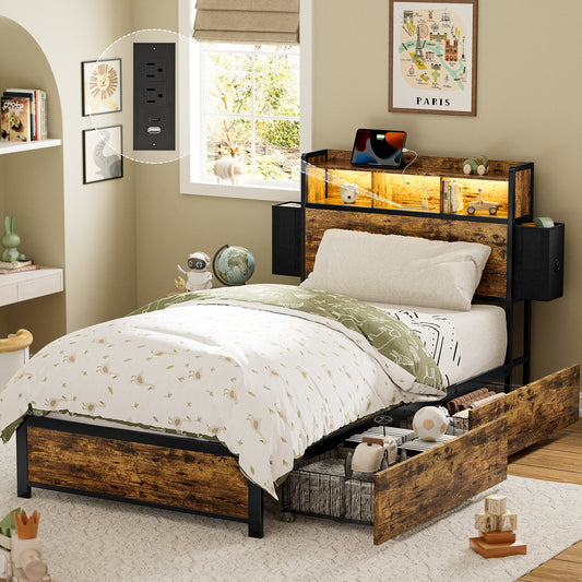 GUNAITO Twin Bed Frame with Storage Headboard, 2 Drawers Platform LED Bed Frame with USB Ports & Outlets Rustic Brown