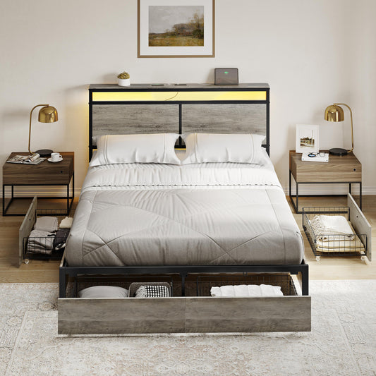 KOUSEI Queen Size Bed Frame with Headboard and 4 Storage Drawers LED Platform Bed Frame with Charging Station Gray
