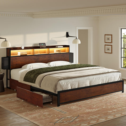 GUNAITO King Bed Frame with Storage Headboard, 2 Drawers Platform LED Bed Frame with USB Ports & Outlets, Walnut Brown