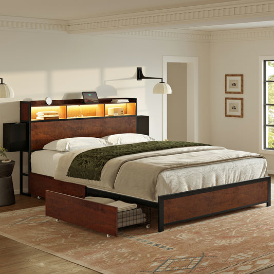 GUNAITO Queen Bed Frame with Storage Headboard, 2 Drawers Platform LED Bed Frame with USB Ports & Outlets, Walnut Brown