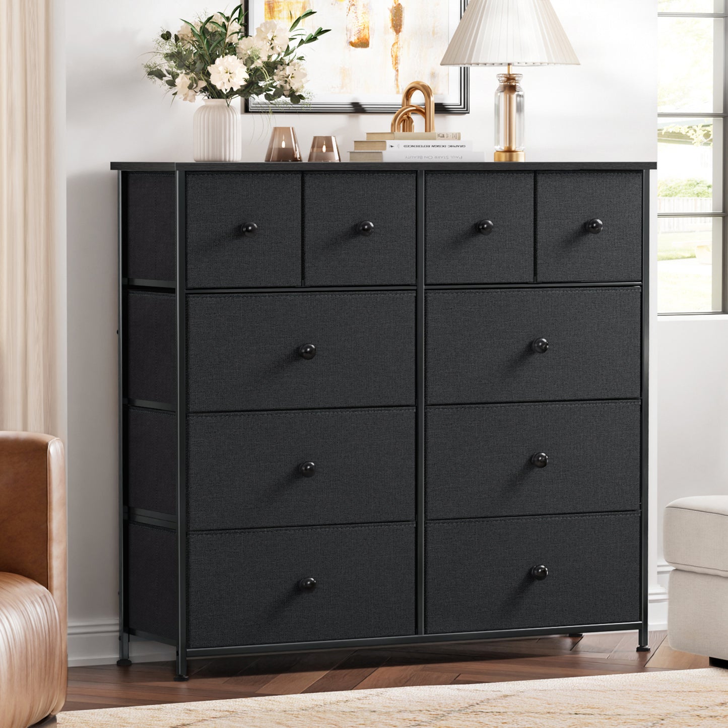 GUNAITO 10 Drawer Dresser for Bedroom Fabric Storage Tower Black Dresser with Wood Top Sturdy Steel Frame Storage Organizer Unit