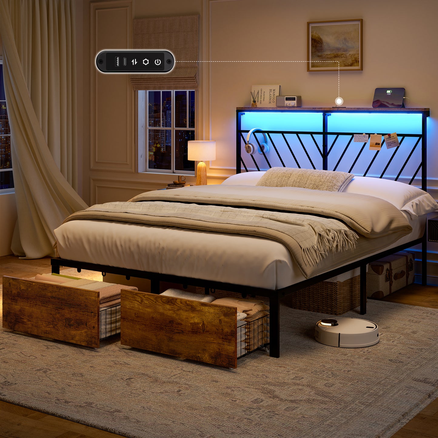 GUNAITO Queen Bed Frame with 48.8 " High Storage Headboard and 2 Drawers, Metal Platform Bed with LED & Charging Station, Rustic Brown