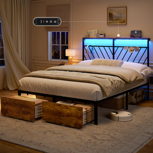 GUNAITO Queen Bed Frame with 48.8 " High Storage Headboard and 2 Drawers, Metal Platform Bed with LED & Charging Station, Rustic Brown