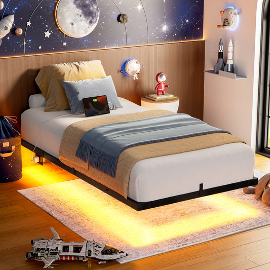 GUNAITO Floating Bed Frame Twin Size Metal Platform Bed with LED Lights & Charging Station Modern Bed No Box Spring Required，Black