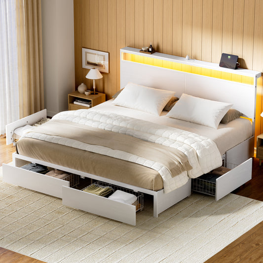 GUNAITO King Size Bed Frame with Headboard and 4 Storage Drawers LED Platform Bed Frame with Charging Station White