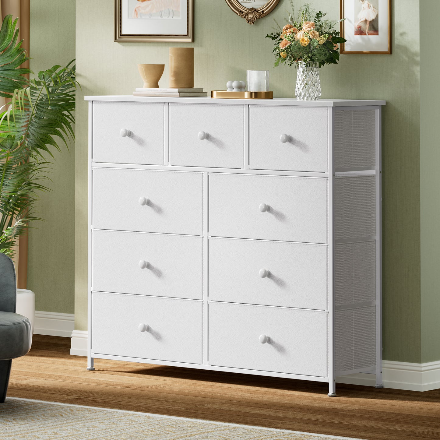 GUNAITO 9 Drawers Dresser, Chest of Drawers Fabric Dressers with Leather Finish for Adult Dressers for Bedroom White