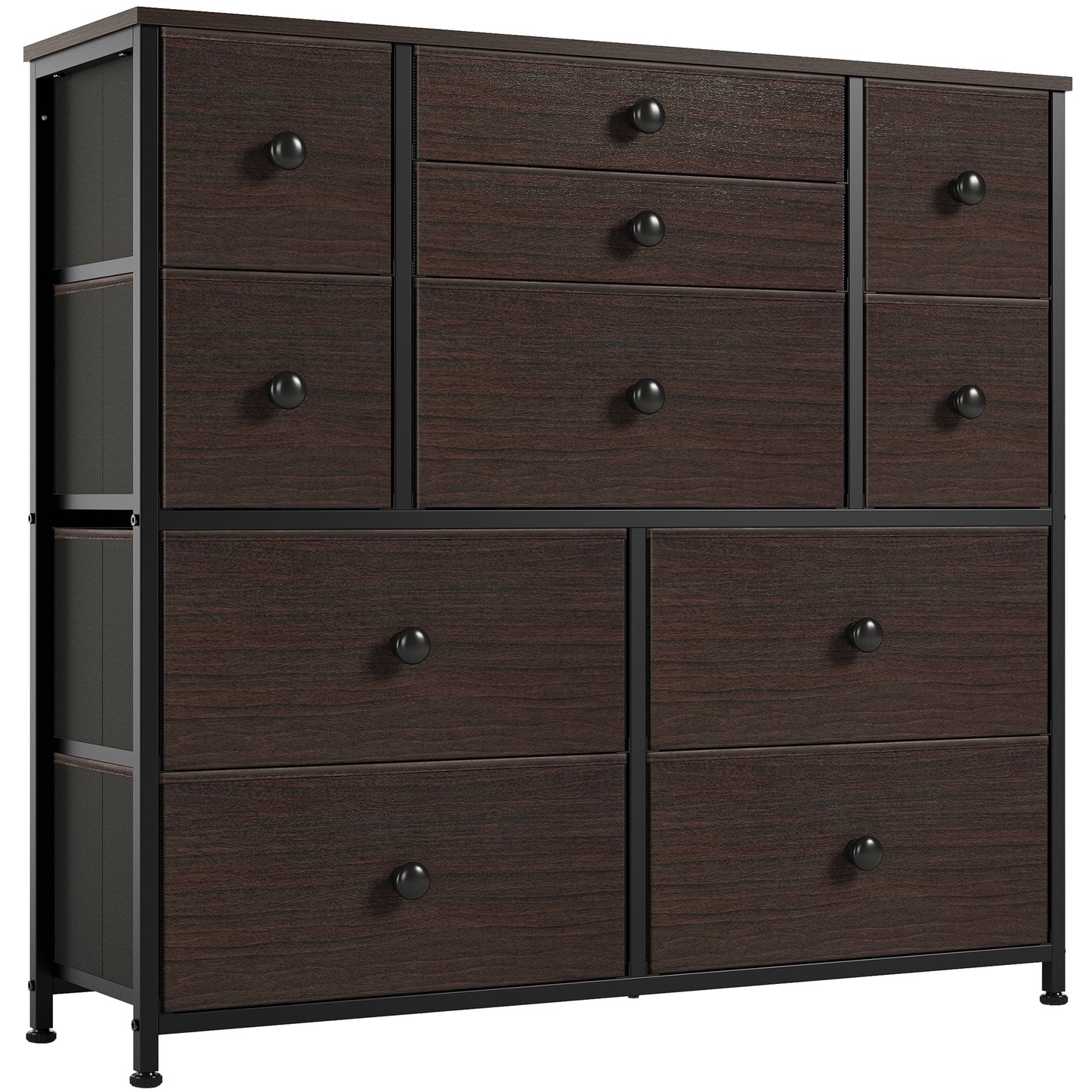 GUNAITO 11 Fabric Drawers Dresser Chest of Drawers for Bedroom Faux Leather Rustic Brown Finish with Wood Top Sturdy Steel Frame